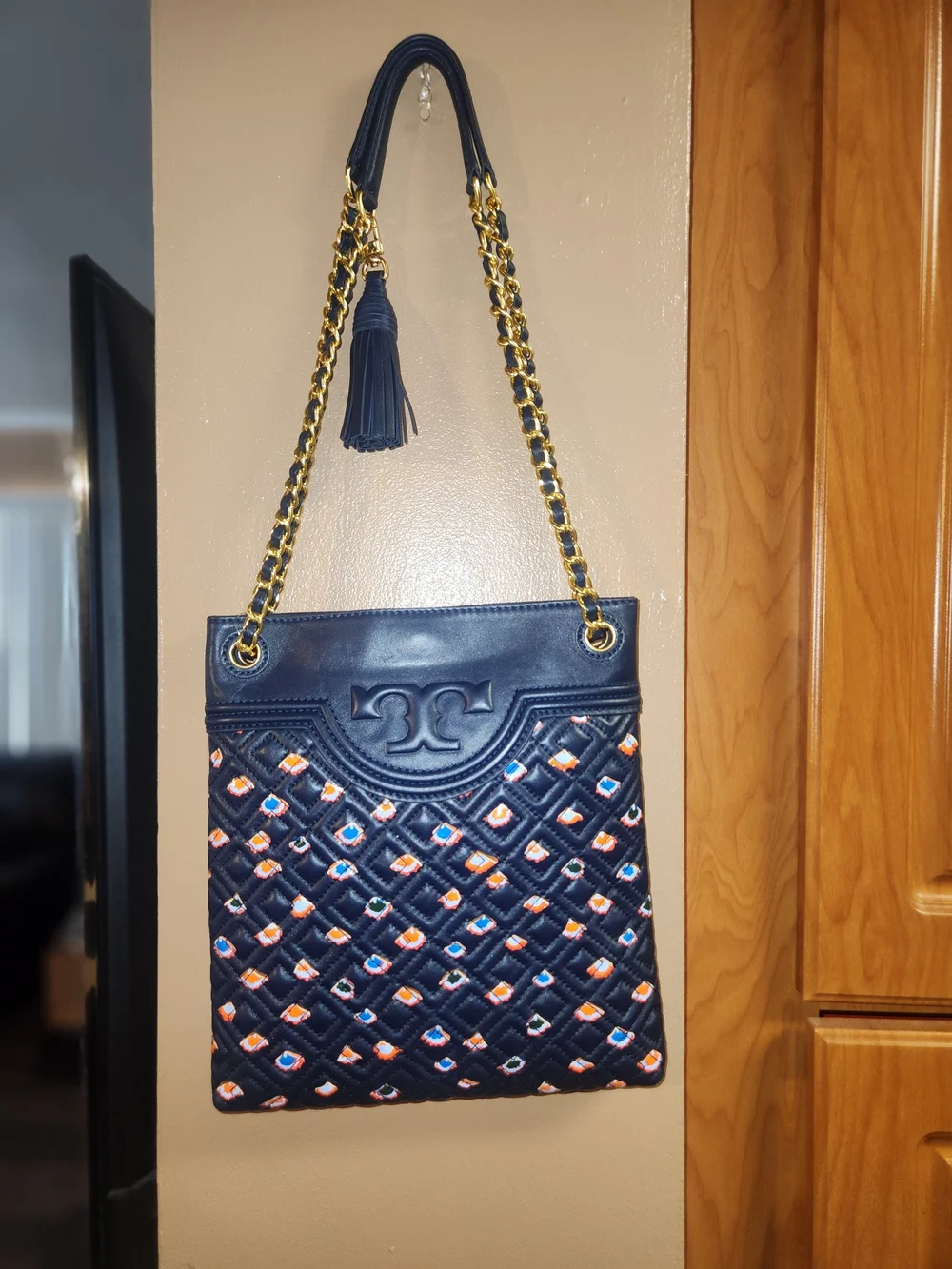 Tory Burch Navy Quilted Leather Crossbody with Multicolor Embroidered Accents